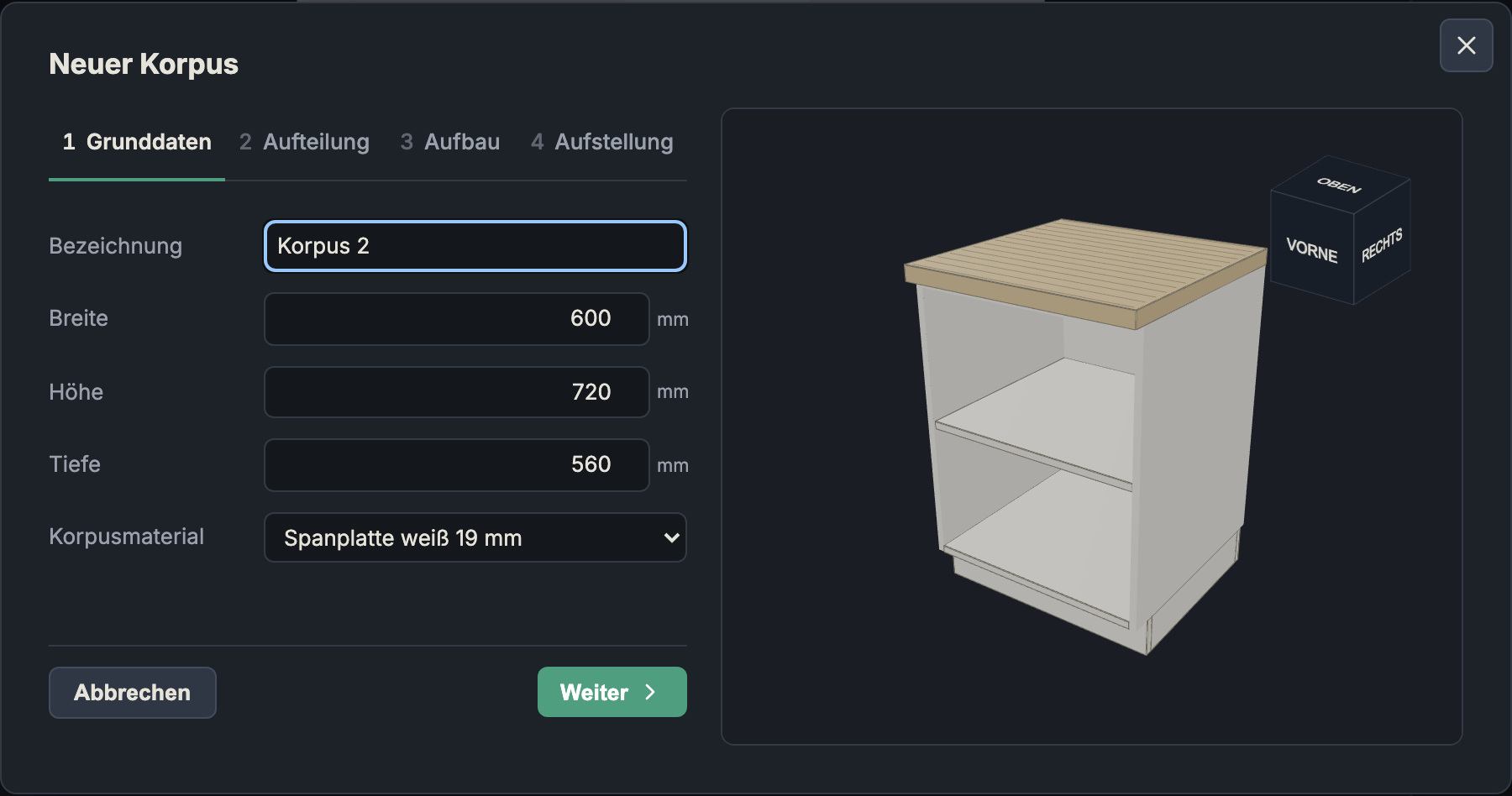 New-carcass wizard with live preview