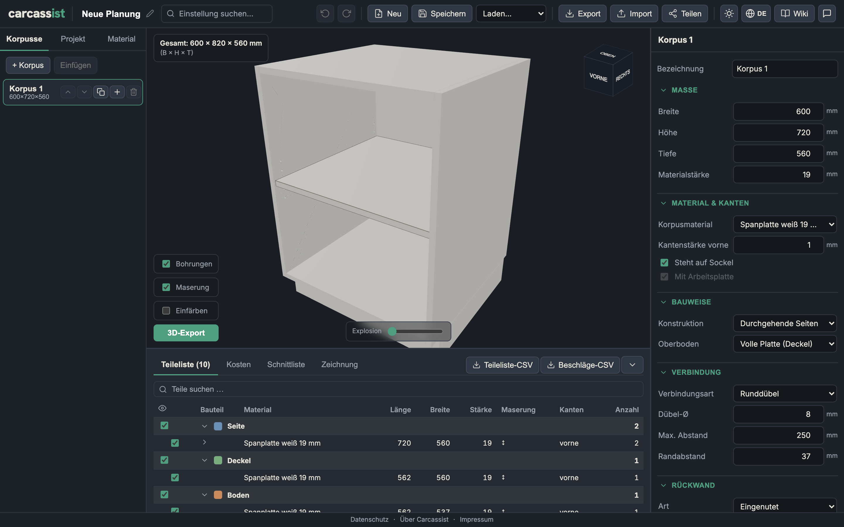 Carcassist at a glance: 3D view, inspector on the right, cut list at the bottom