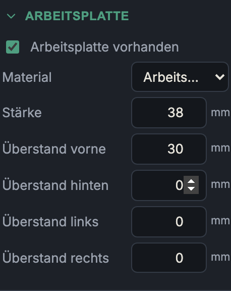 Project tab: worktop settings