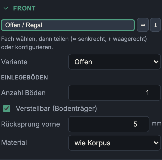 Einlegeböden-Optionen im Front-Bereich