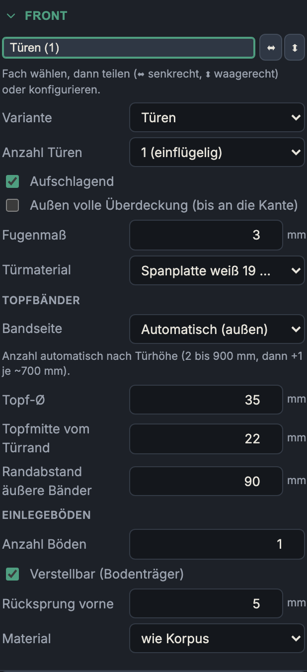 Front-Variante „Türen" mit Topfband-Optionen