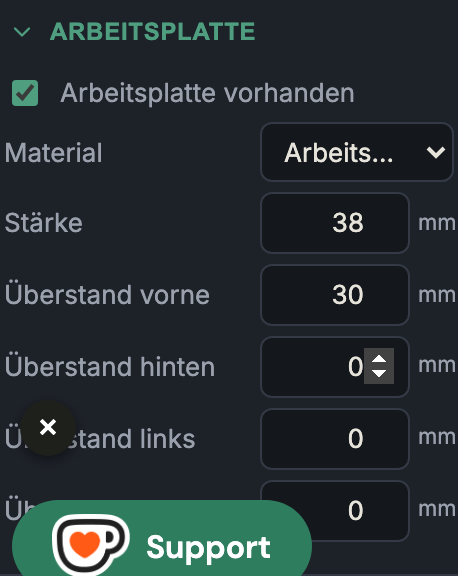 Projekt-Reiter: Arbeitsplatten-Einstellungen